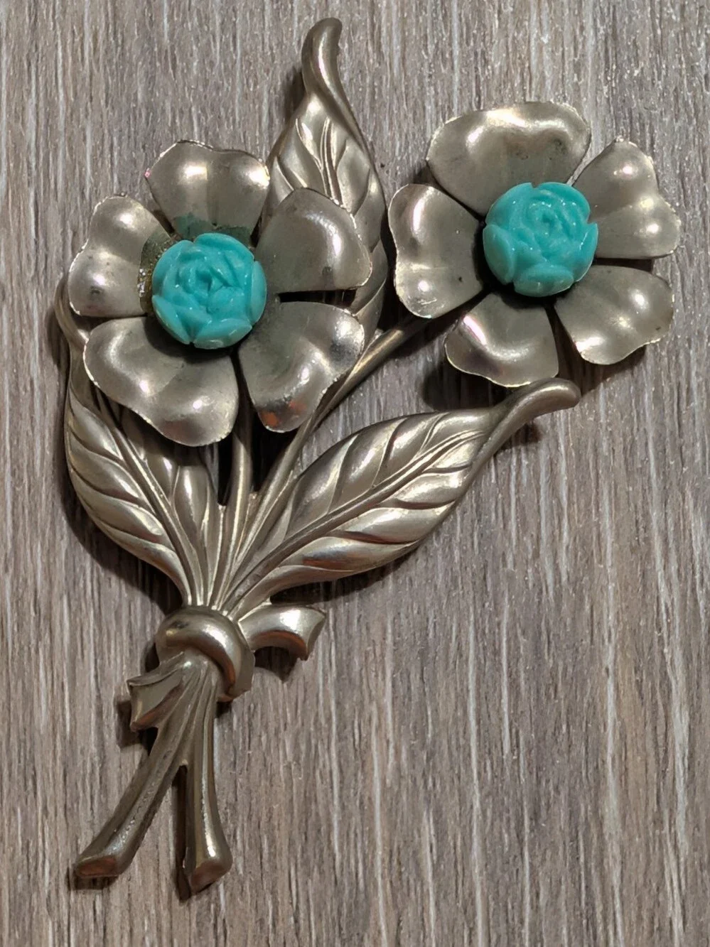 Silver Tone Floral Brooch with Molded Turquoise Resin Roses